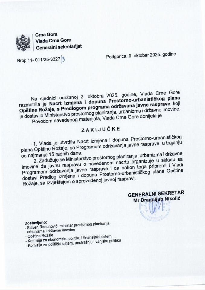 Нацрт измјена и допуна Просторно-урбанистичког плана Општине Рожаје с Предлогом програма одржавања јавне расправе - Закључци