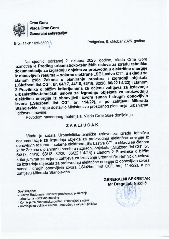 Предлог урбанистичко-техничких услова за израду техничке документације за изградњу објекта за производњу електричне енергије из обновљивих ресурса – соларне електране „СЕ Ластва ЦТ“, а по захтјеву Милорада Станојевића - Закључци