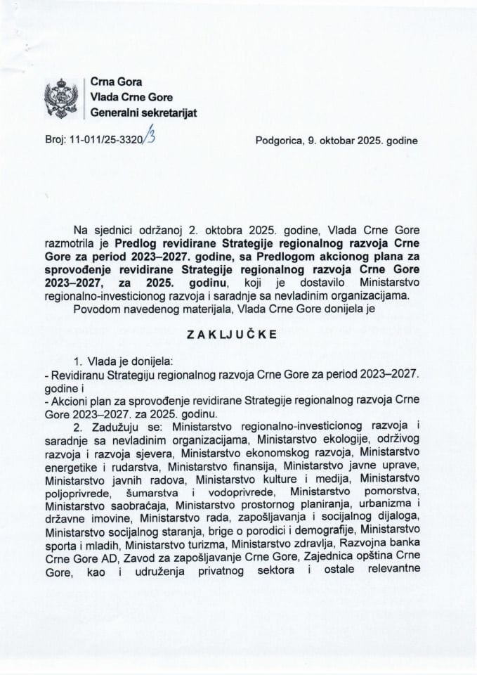 Предлог ревидиране Стратегије регионалног развоја Црне Горе за период 2023-2027. година, са Предлогом акционог плана за спровођење ревидиране Стратегије регионалног развоја Црне Горе 2023-2027, за 2025. годину - Закључци