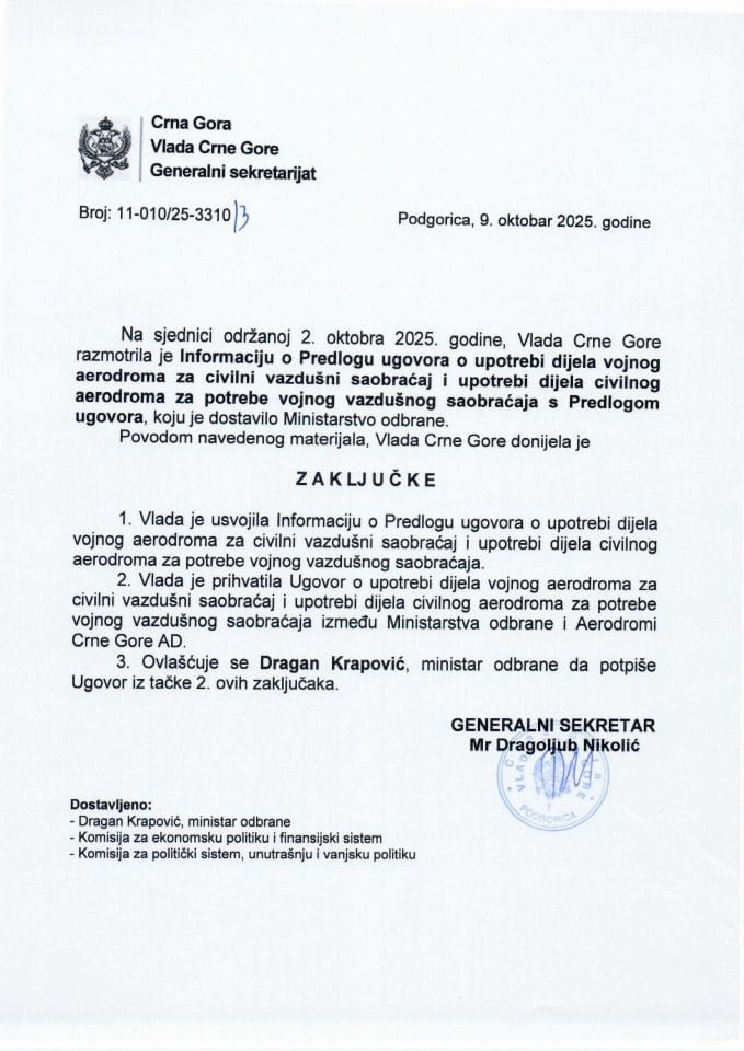 Информација о Предлогу уговора о употреби дијела војног аеродрома за цивилни ваздушни саобраћај и употреби дијела цивилног аеродрома за потребе војног ваздушног саобраћаја с Предлогом уговора - Закључци