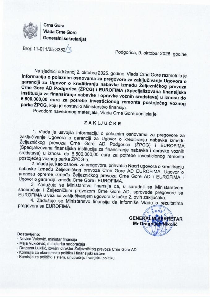 Информација о полазним основама за преговоре за закључивање Уговора о гаранцији за Уговор о кредитирању набавке између Жељезничког превоза Црне Горе АД Подгорица (ЖПЦГ) и EUROFIMA - Закључци