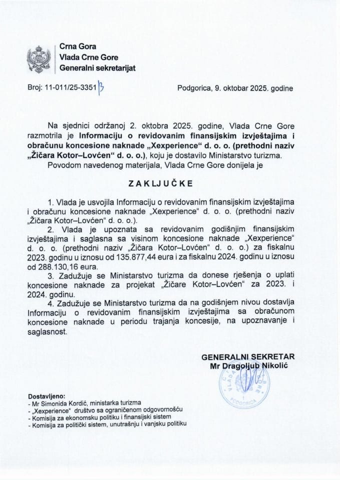 Информација о ревидованим финансијским извјештајима и обрачуну концесионе накнаде „XExperience“ д.о.о. (претходни назив „Жичара Котор- Ловћен“ д.о.о.) - Закључци
