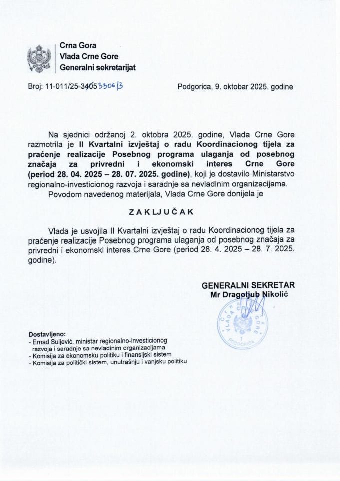 II квартални извјештај о раду Координационог тијела за праћење реализације Посебног програма улагања од посебног значаја за привредни и економски интерес Црне Горе (период 28.04.2025-28.07.2025. године) - Закључци