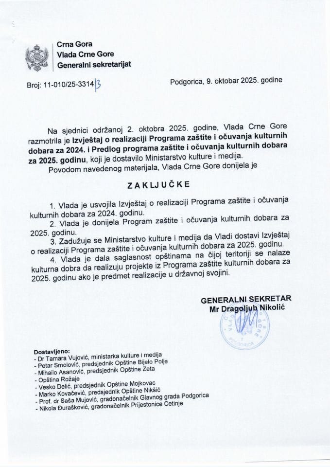 Извјештај о реализацији Програма заштите и очувања културних добара за 2024. и Предлог програма заштите и очувања културних добара за 2025. годину - Закључци