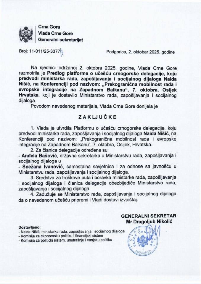 Предлог платформе о учешћу црногорске делегације коју предводи министарка рада, запошљавања и социјалног дијлога Наида Нишић на конференцији под називом: „Прекогранична мобилност рада и европске интеграције на Западном Балкану“ - Закључци