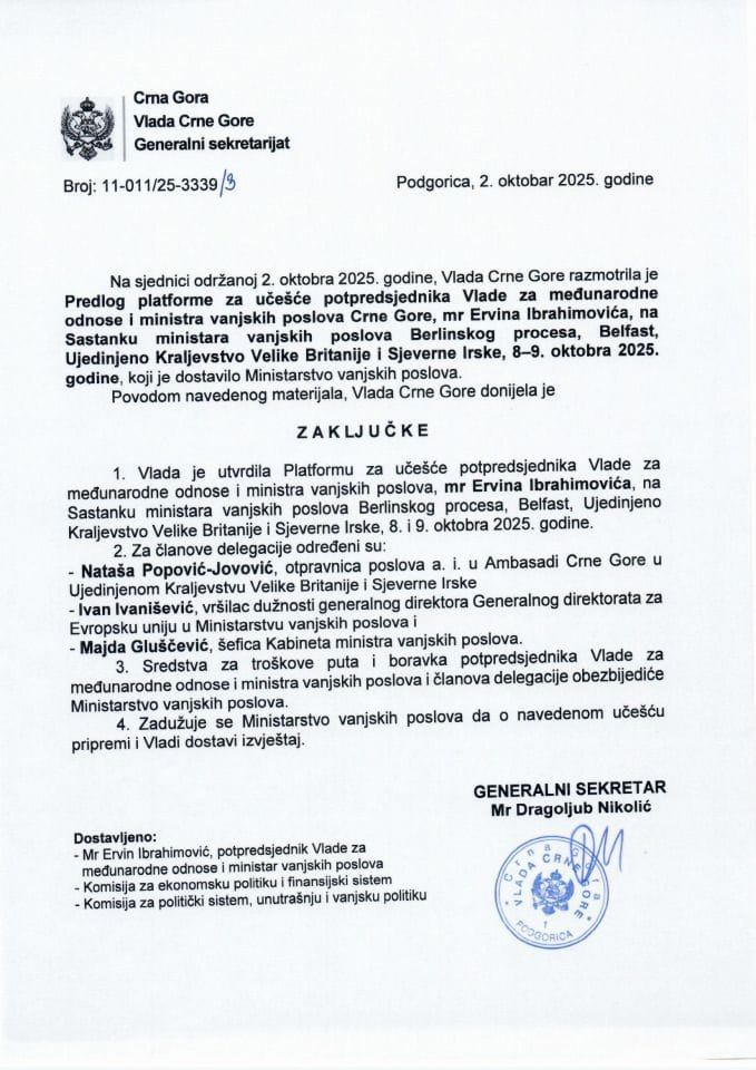 Предлог платформе за учешће потпредсједника Владе за међународне односе и министра вањских послова Црне Горе мр Ервина Ибрахимовића на Састанку министара вањских послова Берлинског процеса, Белфаст, УК - Закључци