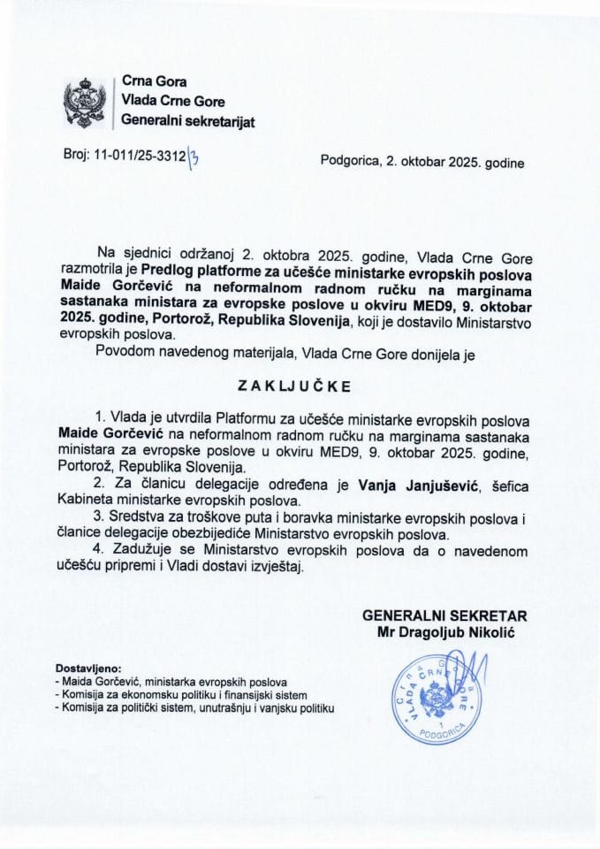 Предлог платформе за учешће министарке европских послова Маиде Горчевић на неформалном радном ручку на маргинама састанка министара за европске послове у оквиру MED9, 9. октобар 2025. године, Порторож, Република Словенија - Закључци