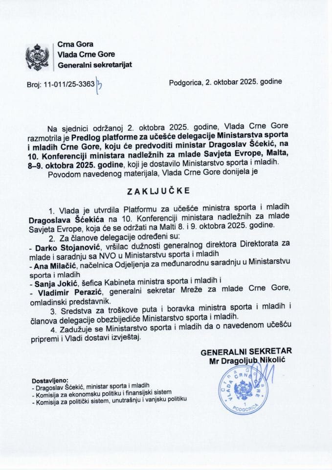 Предлог платформе за учешће делегације Министарства спорта и младих Црне Горе, коју ће предводити министар Драгослав Шћекић на 10. конференцији министара надлежних за младе Савјета Европе, Малта, 8-9. октобра 2025. године - Закључци