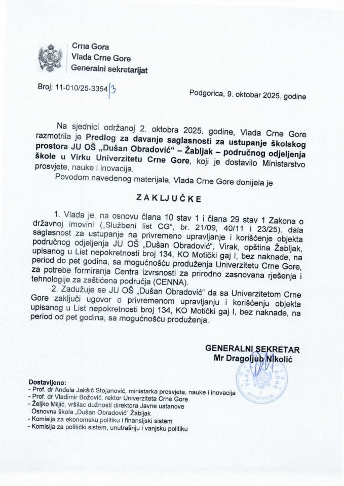 Предлог за давање сагласности за уступање на приверемено управљање и коришћење објекта подручног одјељења ЈУ ОШ „Душан Обрадовић“, Вирак, општина Жабљак, уписаног у лист непокретности број 134 КО Мотички гај I - Закључци