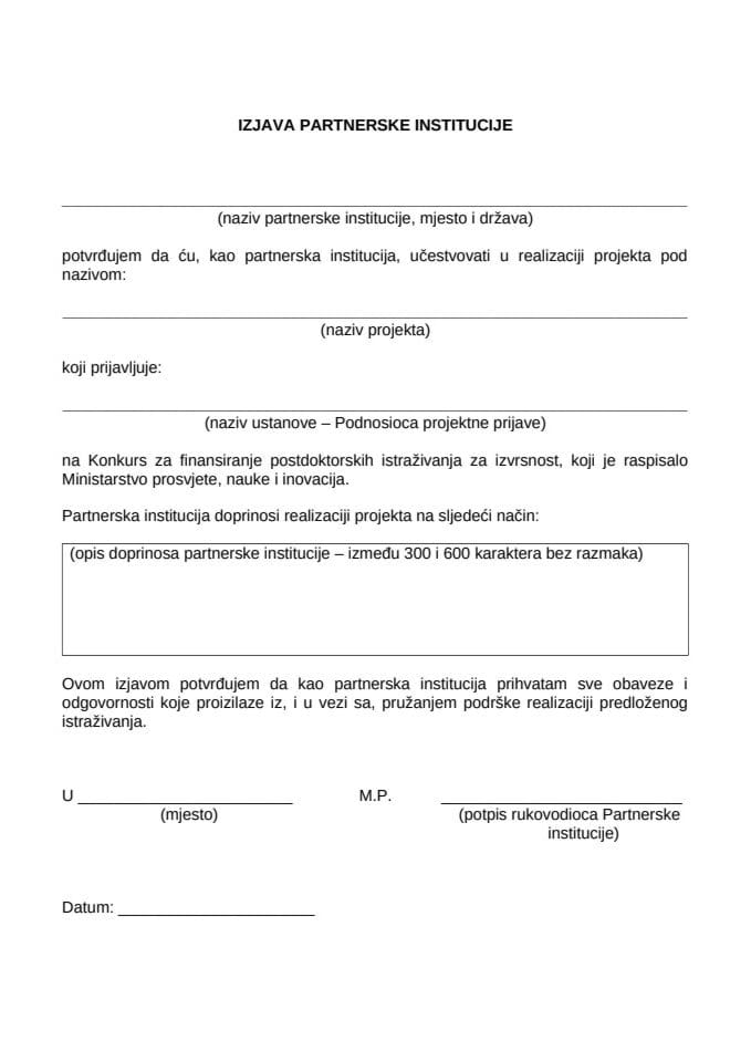 Izjava Partnera - Postdoktorske