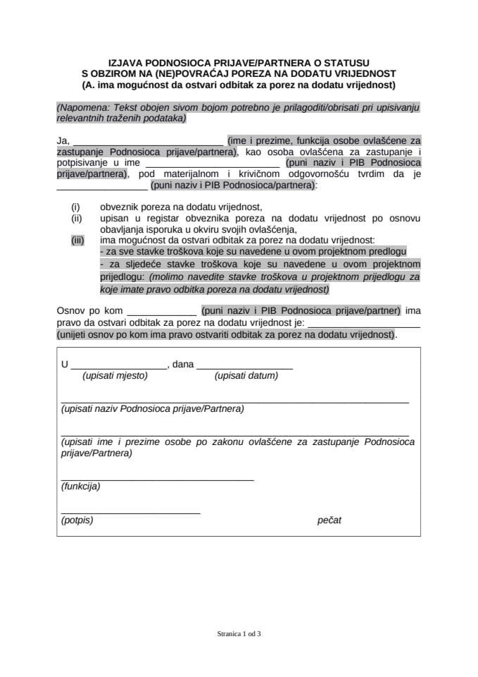 Izjava o PDV - Postdoktorske