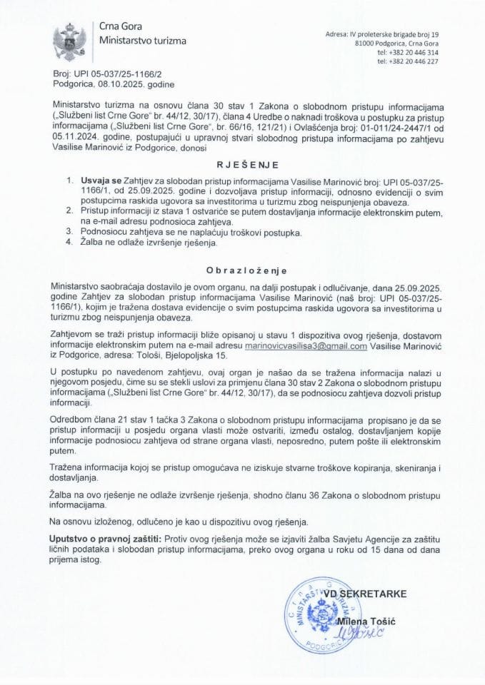 Rješenje - Slobodan pristup informacijama - UPI-05-037-25-1166-2 Vasilisa Martinović