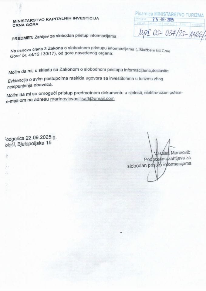 Informacije kojima je pristup odobren po osnovu zahtjeva br UPI 05-037-25-1166-1 - Vasilisa Martinović od 25.09.2025. godine