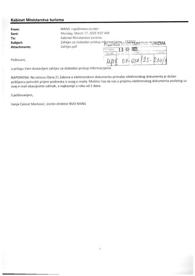 Zahtjev - Slobodan pristup informacijama - UPI-01-037-25-214-1 Mreža za afirmaciju nevladinog sektora - MANS