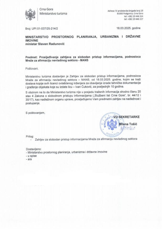 Obavještenje - Slobodan pristup informacijama - UPI 01-037-25-214-2 Ministarstvo prostornog planiranja, urbanizma i državne imovine