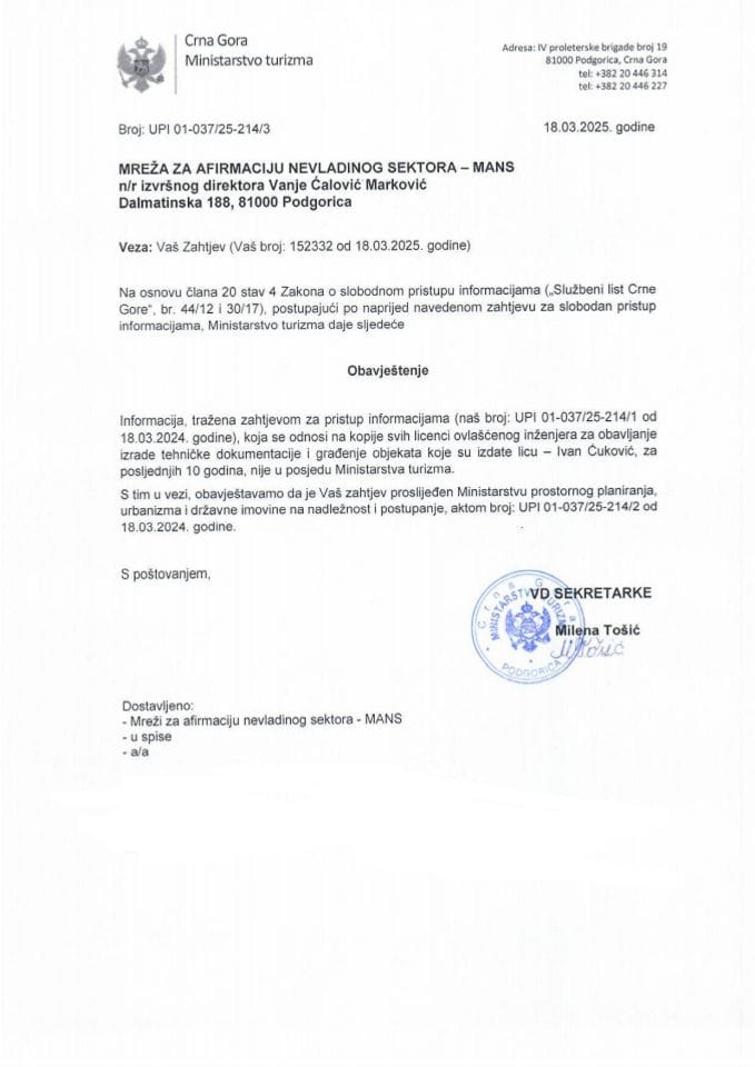 Obavještenje - Slobodan pristup informacijama - UPI 01-037-25-214-3 Mreža za afirmaciju nevladinog sektora - MANS