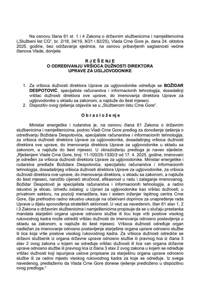 Predlog za određivanje vršioca dužnosti direktora Uprave za ugljovodonike