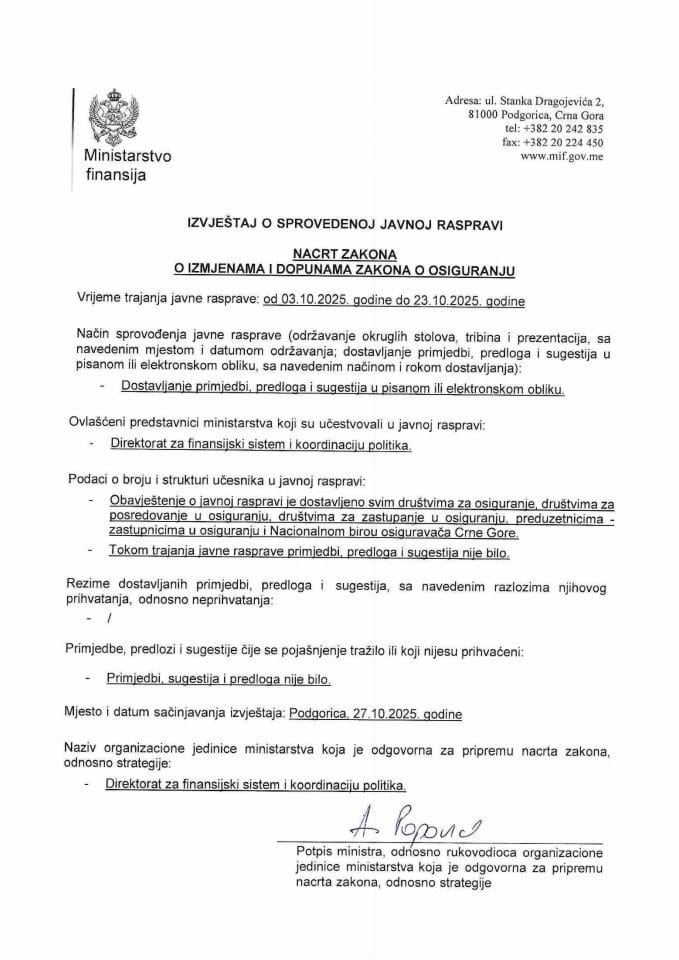Извјештај о спроведеној јавној расправи за Нацрт закона о измјенама и допунама Закона о осигурању
