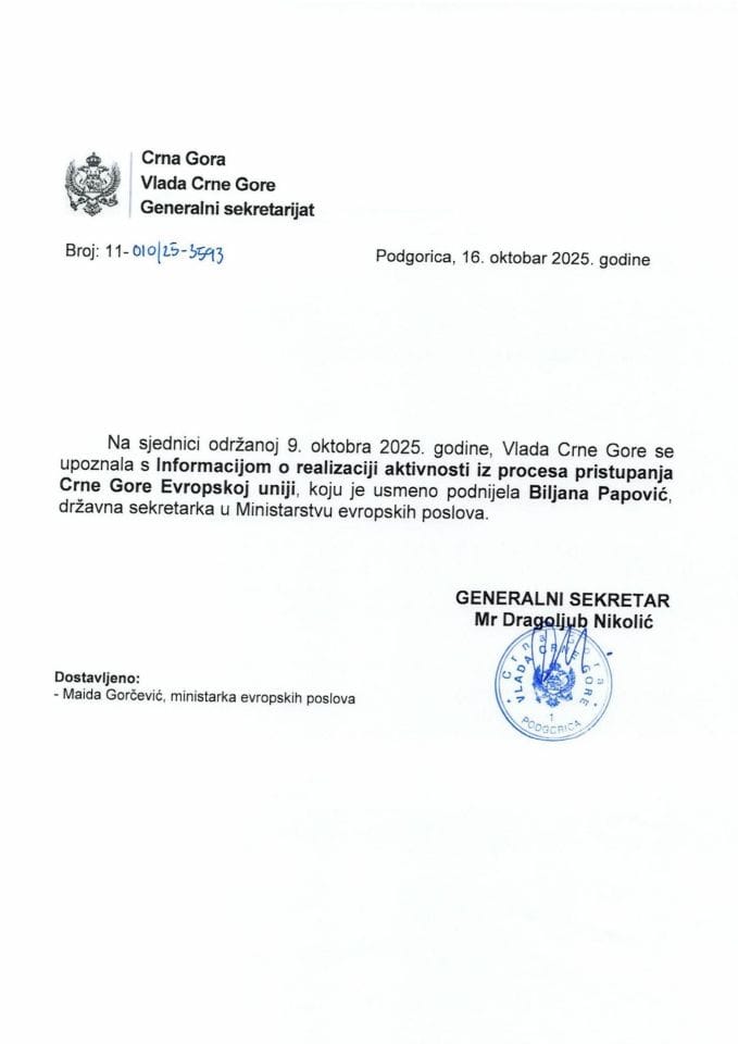 Usmena informacija o realizaciji aktivnosti iz procesa pristupanja Crne Gore Evropskoj uniji - zaključci