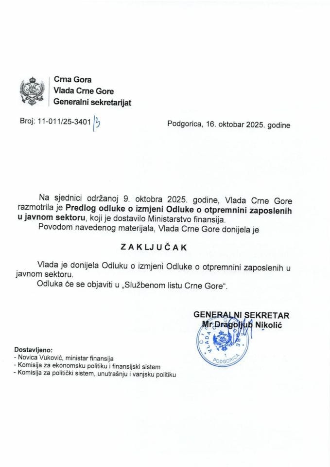 Predlog odluke o izmjeni Odluke o otpremnini zaposlenih u javnom sektoru - zaključci