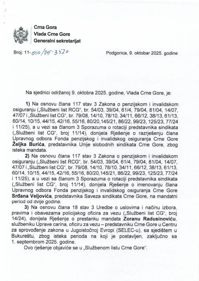 Kadrovska pitanja sa 98. sjednice Vlade Crne Gore - zaključci