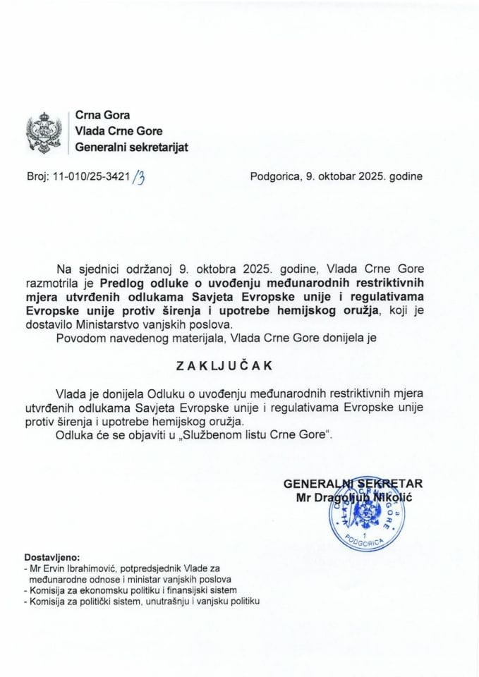 Predlog odluke o uvođenju međunarodnih restriktivnih mjera utvrđenih odlukama Savjeta Evropske unije i regulativama Evropske unije protiv širenja i upotrebe hemijskog oružja - zaključci