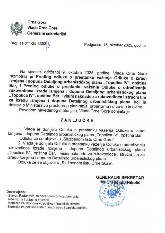 Predlog odluke o prestanku važenja Odluke o izradi Izmjena i dopuna Detaljnog urbanističkog plana „Topolica IV“, opština Bar - zaključci