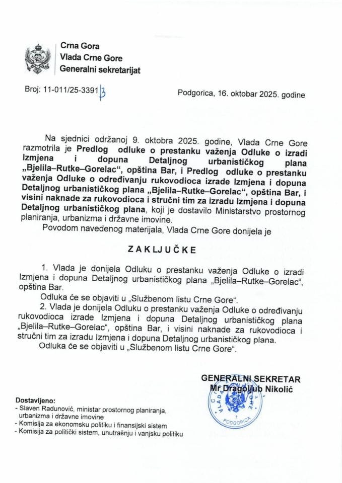 Predlog odluke o prestanku važenja Odluke o izradi Izmjena i dopuna Detaljnog urbanističkog plana „Bjelila - Rutke – Gorelac“, opština Bar - zaključci