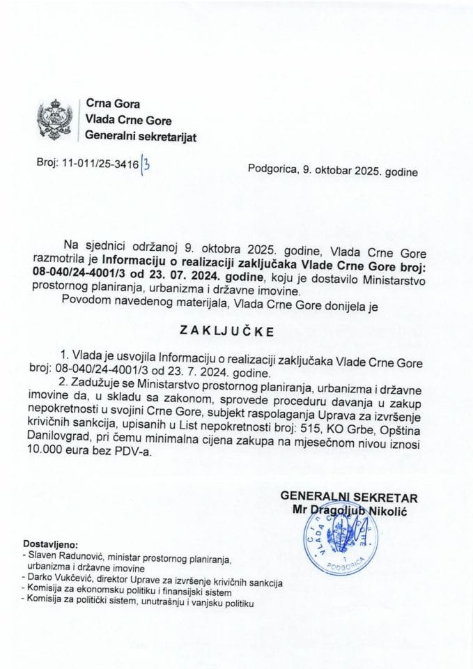 Informacija o realizaciji zaključaka Vlade Crne Gore broj: 08-040/24-4001/3 od 23.07.2024. godine - zaključci
