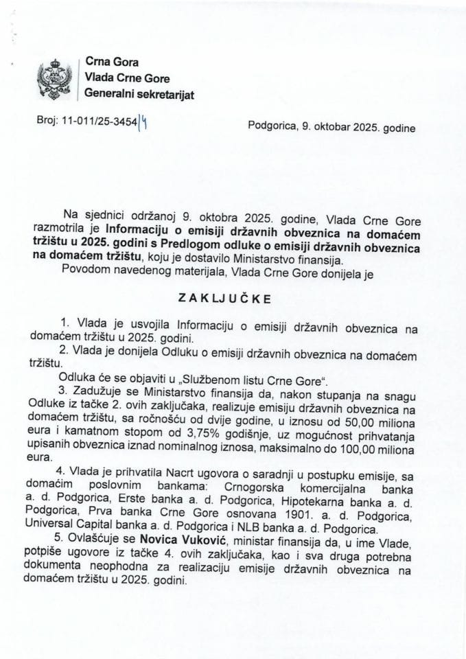 Informacija o emisiji državnih obveznica na domaćem tržištu u 2025. godini s Predlogom odluke o emisiji državnih obveznica na domaćem tržištu - zaključci