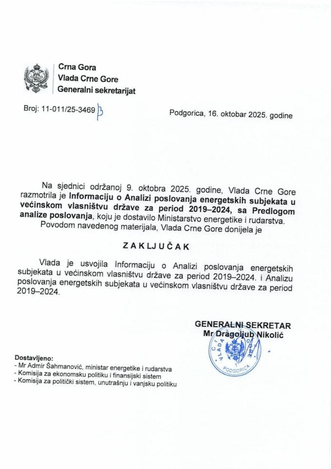 Informacija o Analizi poslovanja energetskih subjekata u većinskom vlasništvu države za period 2019-2024 sa Predlogom analize poslovanja - zaključci
