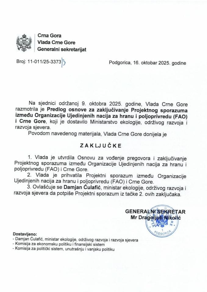 Predlog osnove za zaključivanje Projektnog sporazuma između Organizacije Ujedinjenih nacija za hranu i poljoprivredu (FAO) i Crne Gore - zaključci