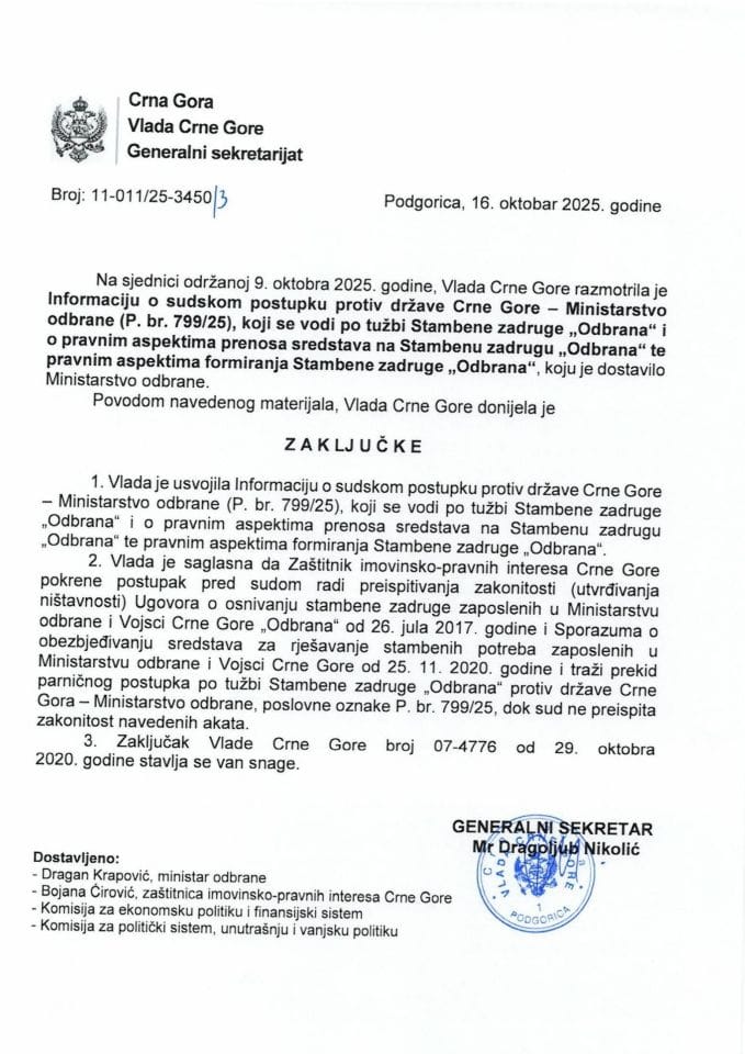 Informacija o sudskom postupku protiv Države Crne Gore - Ministarstvo odbrane (P. br. 799/25), koji se vodi po tužbi Stambene zadruge „Odbrana“ - zaključci