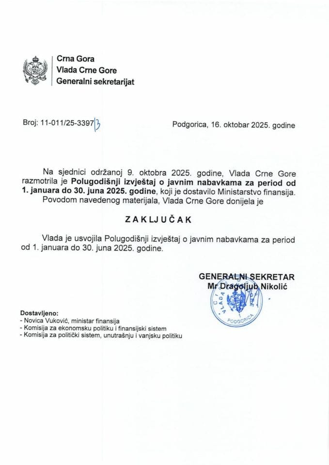 Polugodišnji izvještaj o javnim nabavkama za period od 1. januara do 30. juna 2025. godine - zaključci