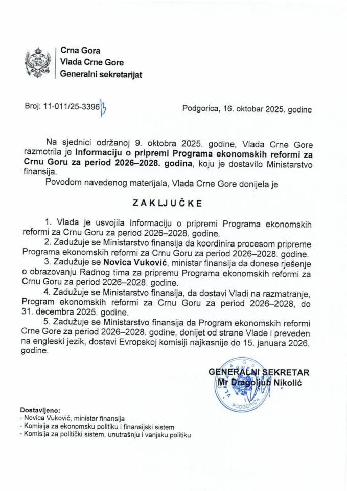 Informacija o pripremi Programa ekonomskih reformi za Crnu Goru za period 2026-2028. godina - zaključci