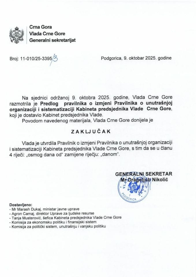 Predlog pravilnika o izmjeni Pravilnika o unutrašnjoj organizaciji i sistematizaciji Kabineta predsjednika Vlade Crne Gore - zaključci