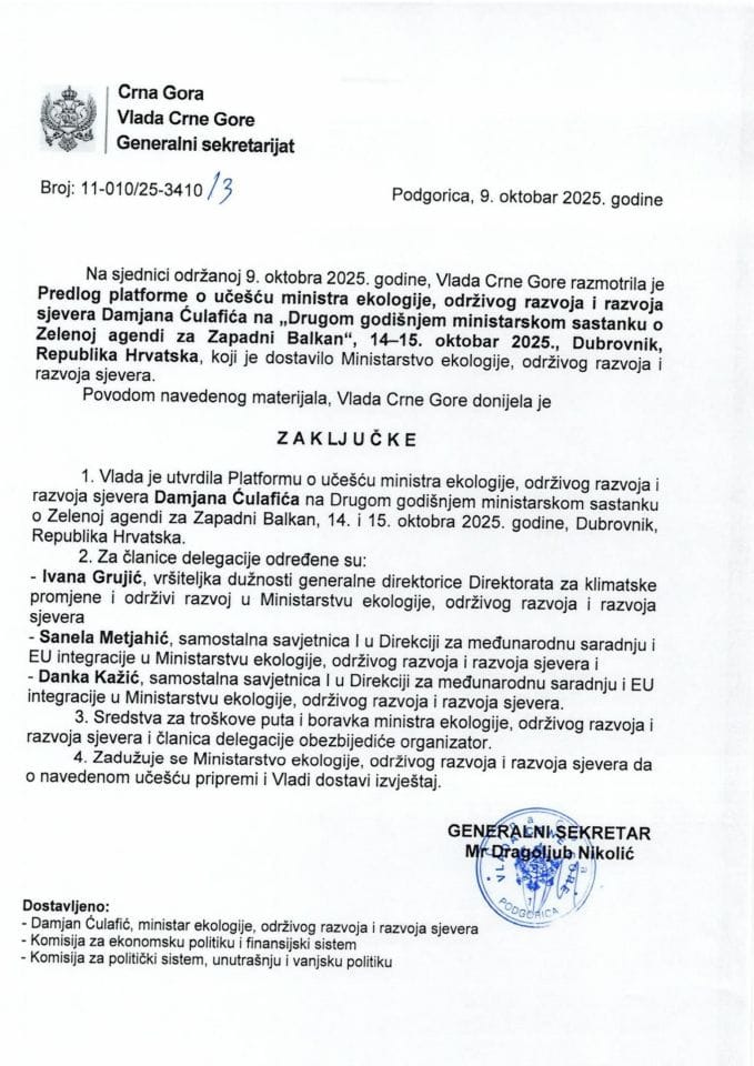 Predlog platforme o učešću ministra ekologije, održivog razvoja i razvoja sjevera, Damjana Ćulafića, na Drugom godišnjem ministarskom sastanku o Zelenoj agendi za Zapadni Balkan, 14 - 15. oktobar 2025, Dubrovnik, Republika Hrvatska - zaključci
