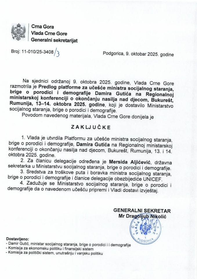 Predlog platforme za učešće ministra socijalnog staranja, brige o porodici i demografije, Damira Gutića na Regionalnoj ministarskoj konferenciji o okončanju nasilja nad djecom, Bukurešt, Rumunija, 13-14. oktobra 2025. godine - zaključci