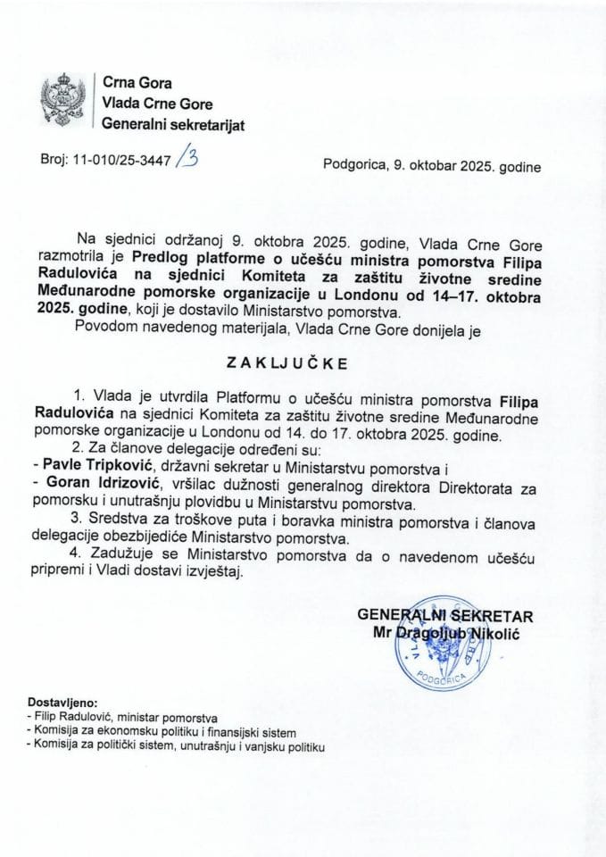 Predlog platforme o učešću ministra pomorstva Filipa Radulovića na sjednici Komiteta za zaštitu životne sredine Međunarodne pomorske organizacije u Londonu, od 14-17. oktobra 2025. godine - zaključci