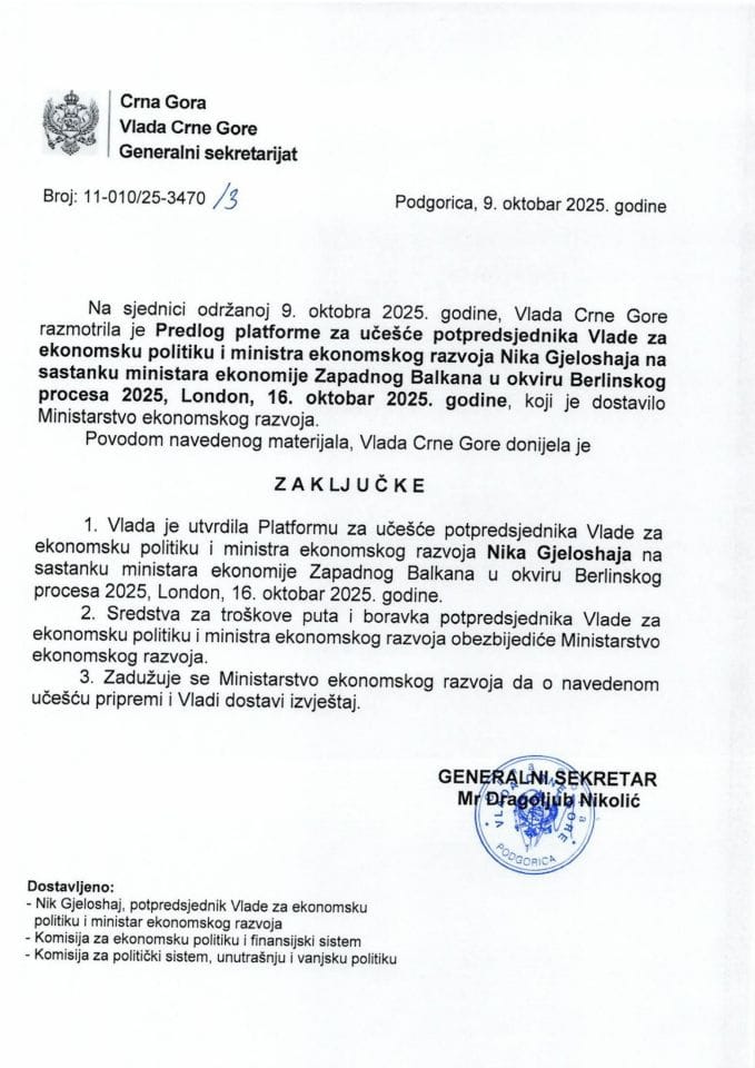 Predlog platforme za učešće potpredsjednika Vlade za ekonomsku politiku i ministra ekonomskog razvoja Nika Gjeloshaja na sastanku ministara ekonomije Zapadnog Balkana u okviru Berlinskog procesa 2025, London, 16. oktobar 2025. godine - zaključci