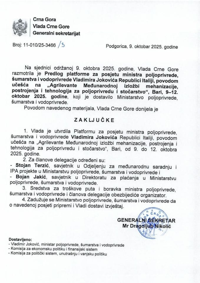 Предлог платформе за посјету министра пољопривреде, шумарства и водопривреде Владимира Јоковића Републици Италији, поводом учешћа на „Agrilevante Међународној изложби механизације, постројења и технологија за пољопривреду и сточарство“ - закључци