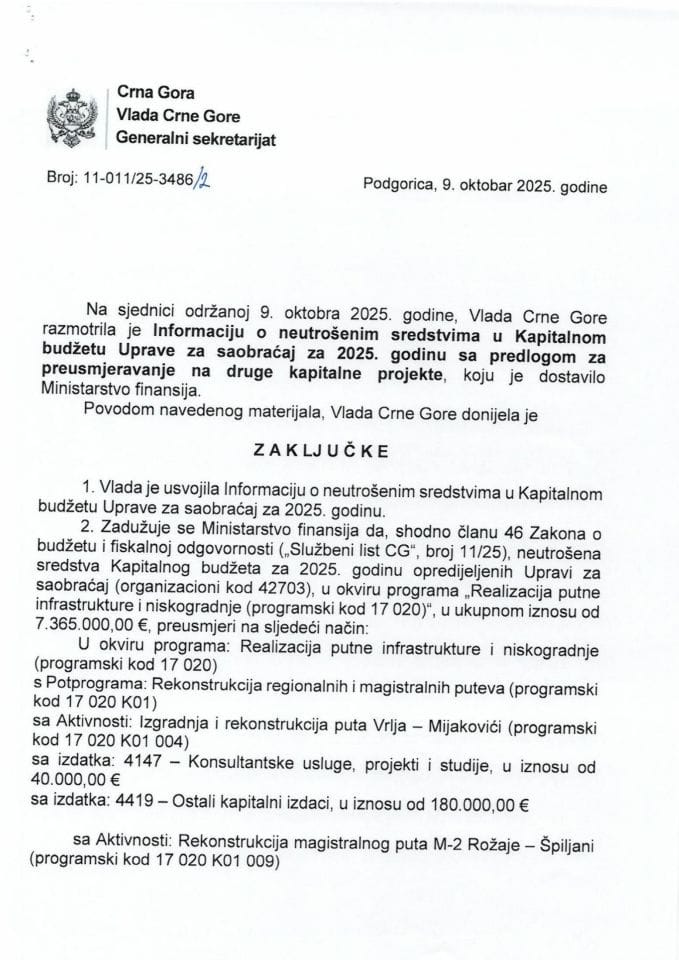 Informacija o neutrošenim sredstvima u Kapitalnom budžetu Uprave za saobraćaj za 2025. godinu sa predlogom za preusmjeravanje na druge kapitalne projekte - zaključci