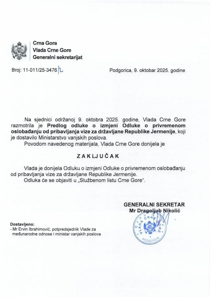 Predlog odluke o izmjeni Odluke o privremenom oslobađanju od pribavljanja vize za državljane Republike Jermenije - zaključci