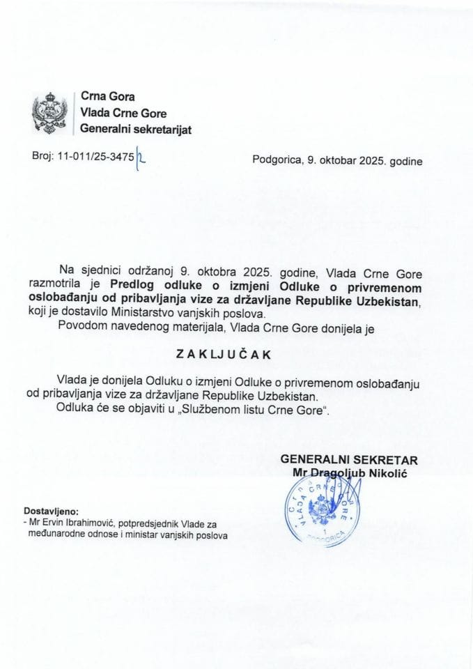 Predlog odluke o izmjeni Odluke o privremenom oslobađanju od pribavljanja vize za državljane Republike Uzbekistan - zaključci
