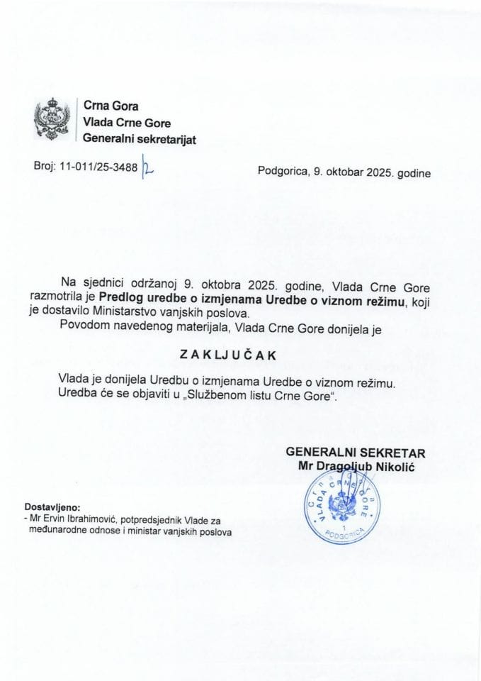 Predlog uredbe o izmjenama Uredbe o viznom režimu - zaključci