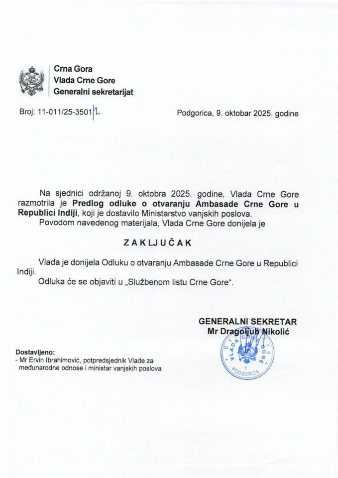 Predlog odluke o otvaranju Ambasade Crne Gore u Republici Indiji - zaključci