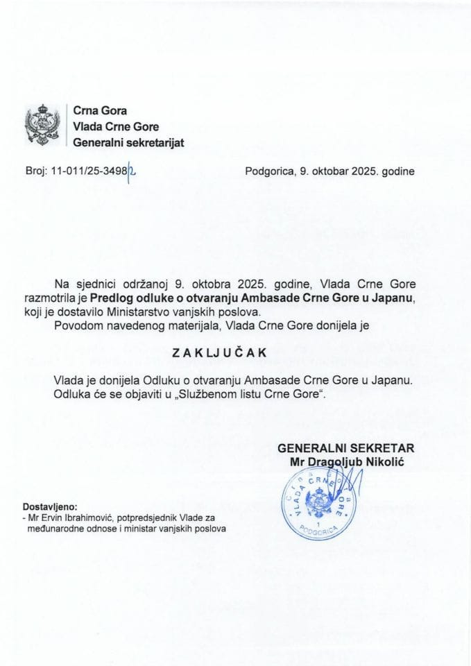 Predlog odluke o otvaranju Ambasade Crne Gore u Japanu - zaključci