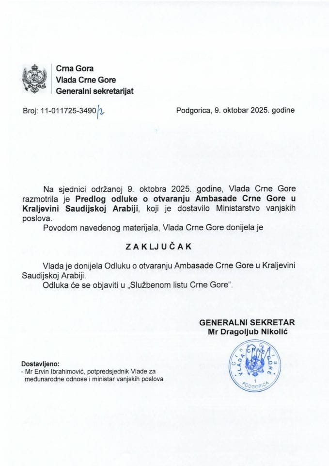 Predlog odluke o otvaranju Ambasade Crne Gore u Kraljevini Saudijskoj Arabiji - zaključci