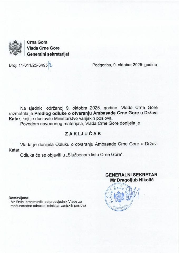 Predlog odluke o otvaranju Ambasade Crne Gore u Državi Katar - zaključci