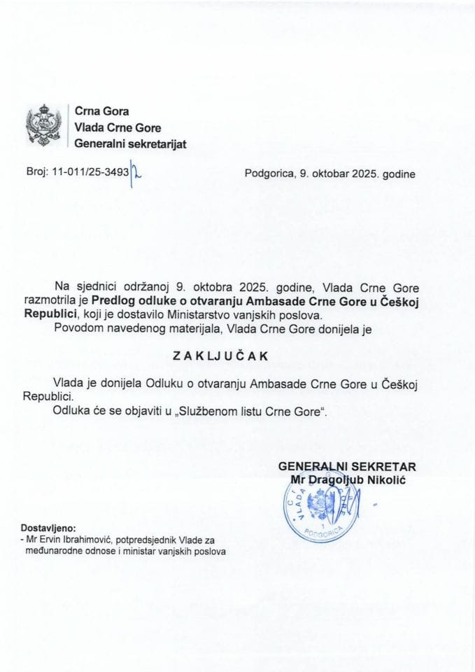 Predlog odluke o otvaranju Ambasade Crne Gore u Češkoj Republici - zaključci